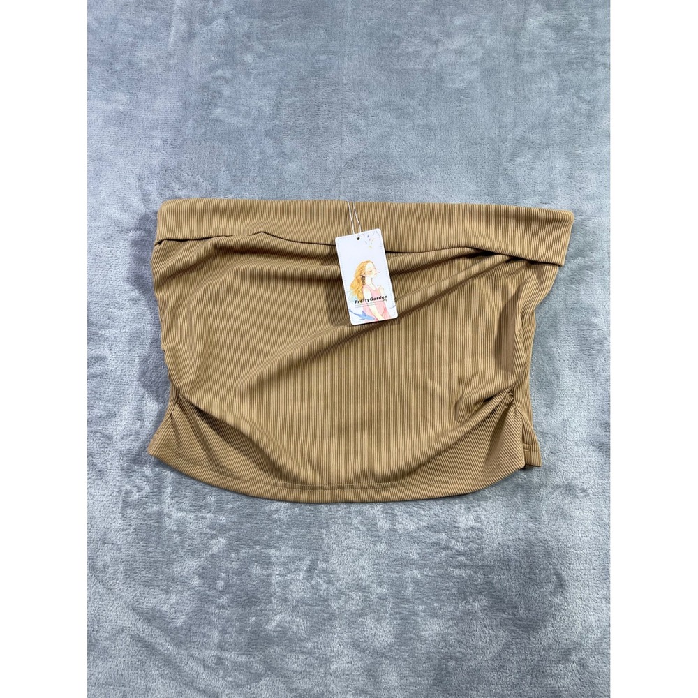 PrettyGarden Women Ribbed Tube Top Tan Strapless Fold Over Crop Top XL 7844 7510